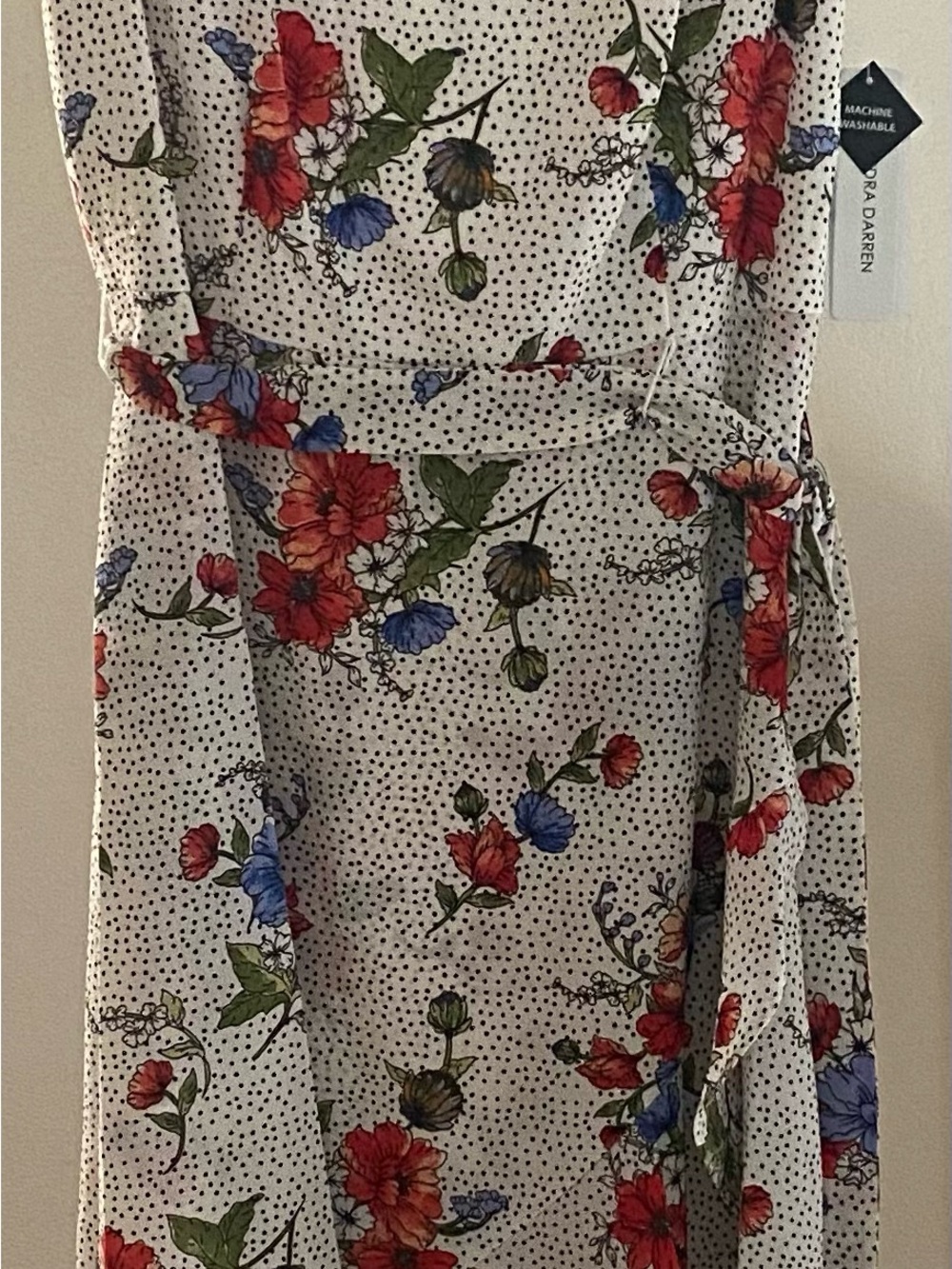 Sandra Darren White Polka Dot Midi Dress with Red & Blue Floral Print